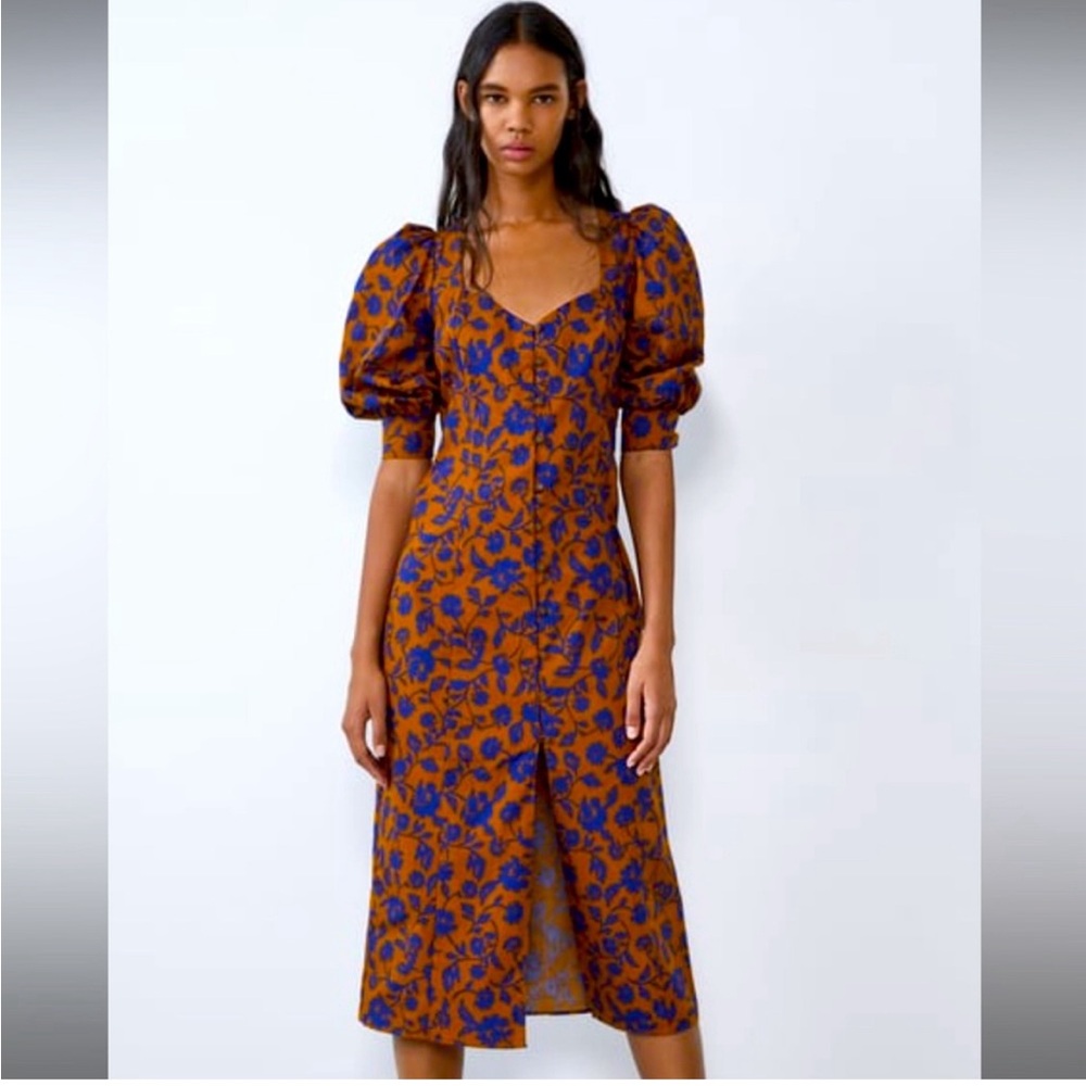 ZARA SOLD OUT BROWN BLUE FLORAL PRINTED poplin dress INFLUENCER FAV XS -1button